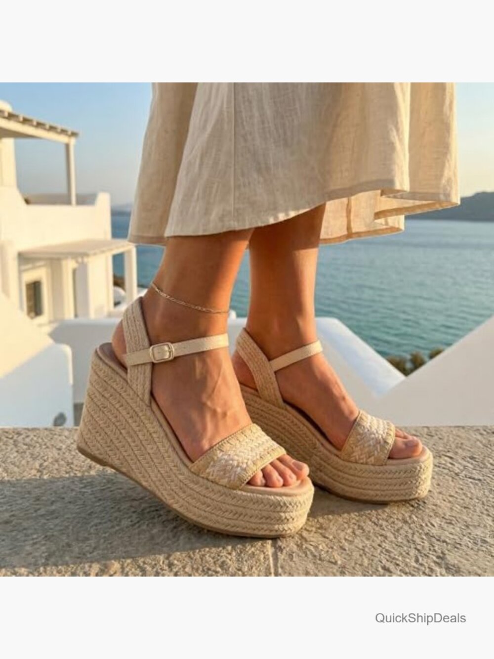 Espadrille Wedge Sandals Raffia Strap Ankle Buckle Platform Open Toe Summer - Picture 3 of 7